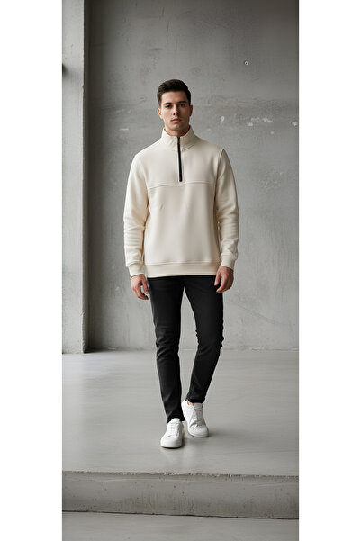 Kaşif Stand-Up Collar Half Zipper Closure Cotton 3-Ply Yarn Fleece-Lined Eats...