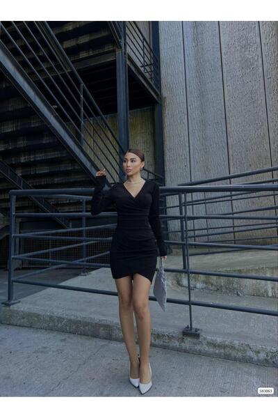 Modafeminen V Yaka Drapeli Mini Flowers Kumaş Elbise Uzun Koll 583063 Siyah