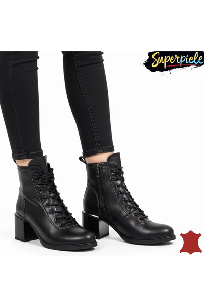 superpiele Elegant Black Handmade Leather Boots, Thick Heel, Laces |ELYZO|