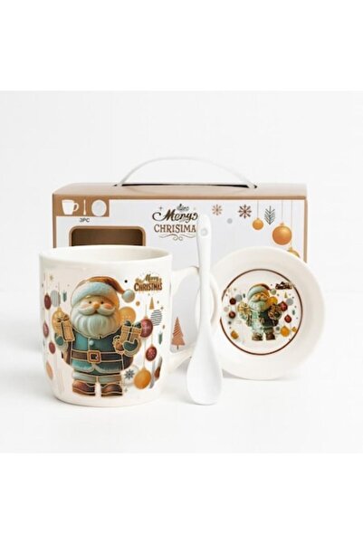 Manolex Ceramic Christmas Mug Set with Saucer and Spoon, 350 ml, White/Gold -