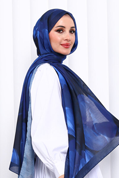 İmajButik Navy Blue Patterned Soft Digital Shawl