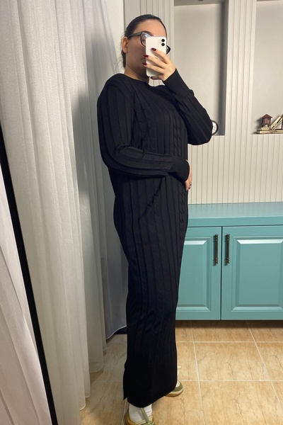 Auroveen Basic Dikey Desenli Bisiklet Yaka Uzun Triko Elbise AV338