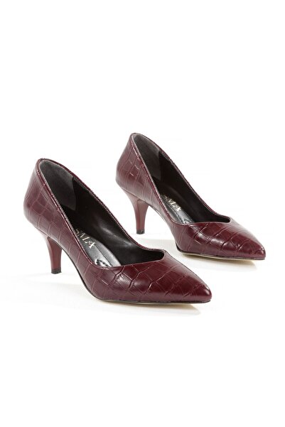 Y ESMA Stiletto Burgundy Croco Leather Pointed Toe Closed 5 cm Thin Heel V-Toe New Season