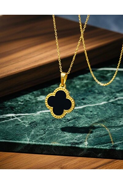 Karacamshop Yonca Model Kolye Siyah Mineli