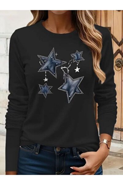 shi dumanlar giyim Oversize Bay/ Yıldızlı Yıldızlar Baskılı Bisiklet Yakalı S...