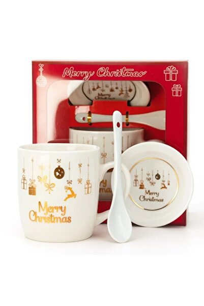 Manolex Ceramic Christmas Mug Set with Lid and Spoon, 350 ml, White/Gold