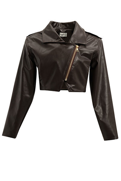 Roselenda Ophelia Shoulder Pad Piece Faux Brown Leather Jacket