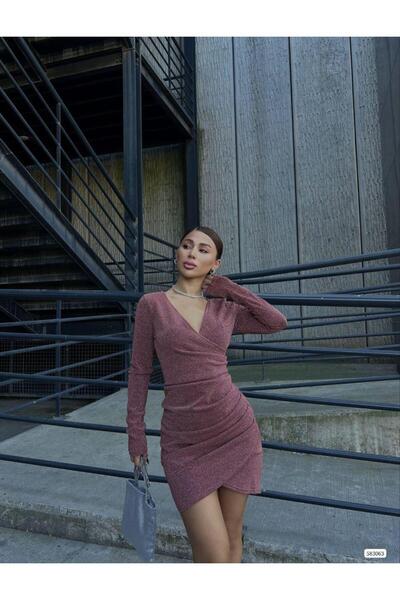 Modafeminen V Yaka Drapeli Mini Flowers Kumaş Elbise Uzun Koll 583063 Gulkurusu