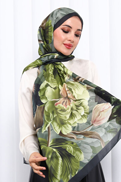 İmajButik Oil Green Patterned Soft Digital Shawl