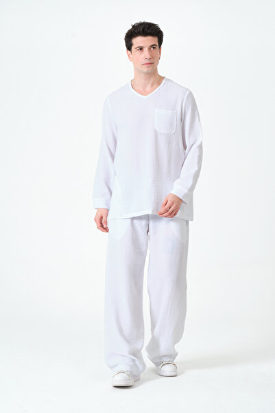 RELAXL 100% Cotton Muslin V-Neck Long Sleeve White Basic T-Shirt S-12Xl