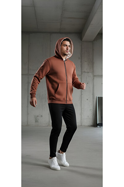 Kaşif Hooded Cotton 3-Ply Sha Fleece-Lined Full Zip Men's Sweatshirt