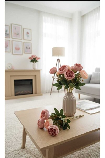 ENRUFLORA Yapay Pembe Şakayık 27 Cm Yaprak Aranjmanlı Saksı Dekor Süsü