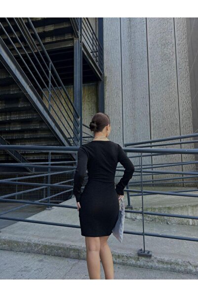 Modafeminen V Yaka Drapeli Mini Flowers Kumaş Elbise Uzun Koll 583063 Siyah