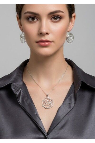 Cash Trade Retro Vintage Spiral Desenli Kolye ve Küpe Seti, 3 Parça