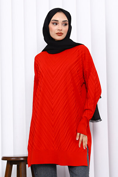 İmajButik Red Crew Neck Cold Thread Knitwear Tunic