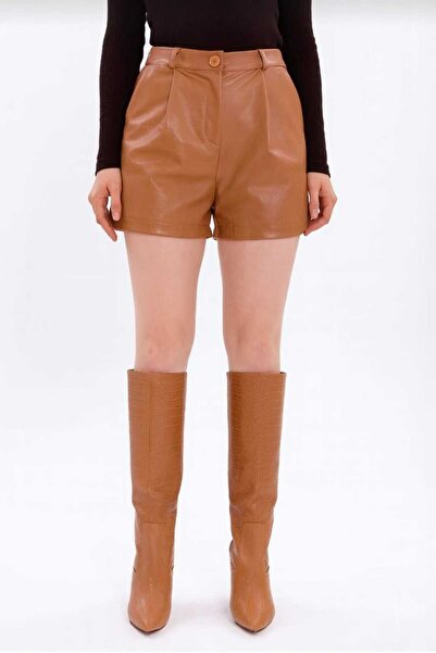 H&A İSTANBUL Women's Faux Leather Shorts High Waist Comfortable Fit - Leather Shorts