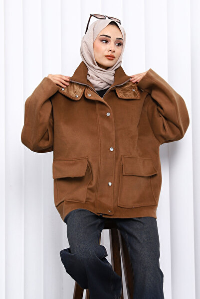 İmajButik Camel Zippered Lined Oversized Cashmere Coat