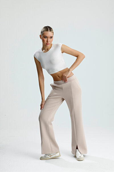 VOICTEC Slit Detailed Leg Premium Puff Scuba Elastic Waist Pocketed Trousers