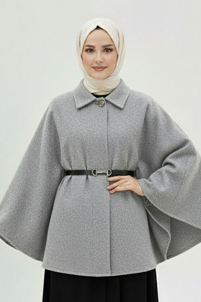 İmajButik Dark Gray Belted Cashmere Poncho
