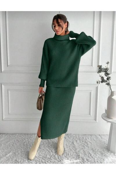 Cockatoo Women's Knitwear Set Turtleneck Sweater + Slit Skirts / Winter Knit Two-Piece Set