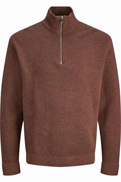 Jack & Jones Men's Burgundy Jprblamilano Stitch Knit Half Zip Sweater & Cardigan 12259664-Cowhide