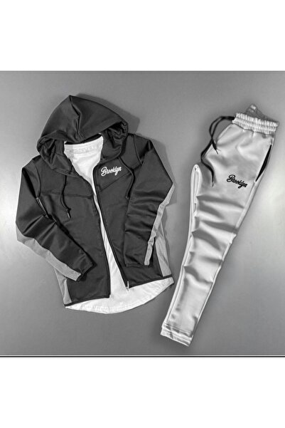 NOFLEN Brooklyn Elyazı Printed Scuba Zippered Black Tracksuit Set