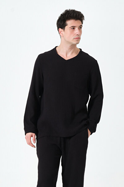 RELAXL Comfortable Fit 100% Cotton V-Neck Long Sleeve Basic Black T-Shirt
