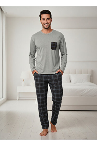 Ercan Men's Long Sleeve Pajama Set with Pocket Detail and Square Pattern