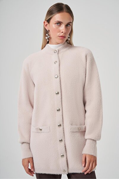 Nuss 7008 Angora Cardigan with Front Snap Button Pocket Detail