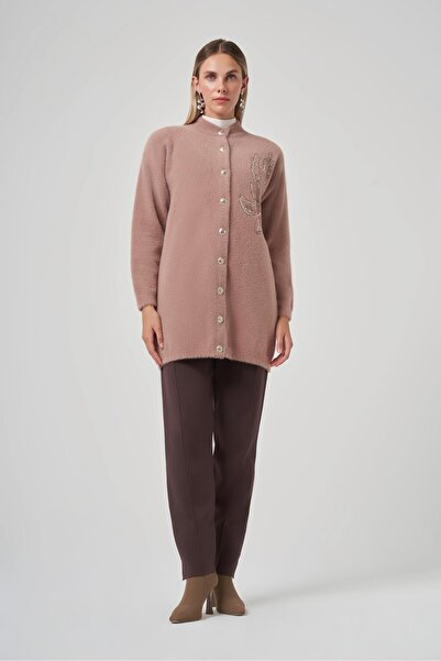 Nuss 7007 Angora Cardigan with Front Snap Buttons, Sequins, and Floral Embroidery