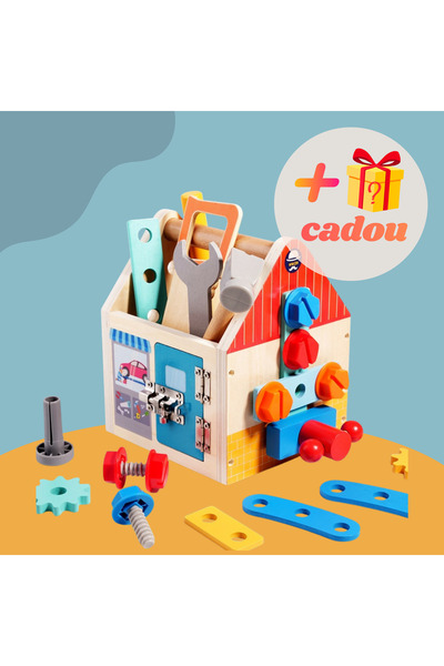 OEM 🧰 Set Montessori Premium🌟 Căsuță din Lemn🌳 cu Scule 🛠️ Șuruburi & Accesorii 25 pcs 🧩 + Cadou 🎁