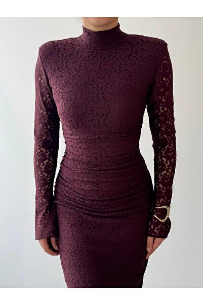 Julidress Plum Shoulder Pad Pack Mock Neck Lined Maxi Long Length Premium Lace Dress