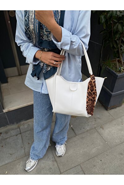 PurpleART Women's White Scarf Medium Size Shoulder Bag with Gift 22X30Cm