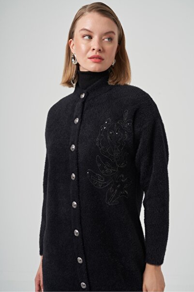 Nuss 7007 Angora Cardigan with Front Snap Buttons, Sequins, and Floral Embroidery