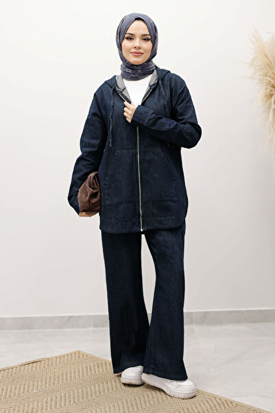 Tesettür Dünyası Zippered Hooded Denim Suit Tsd250250 Dark Blue
