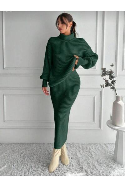 Cockatoo Women's Knitwear Set Turtleneck Sweater + Slit Skirts / Winter Knit Two-Piece Set