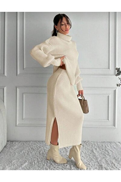 Cockatoo Women's Knitwear Set Turtleneck Sweater + Slit Skirts / Winter Knit Two-Piece Set