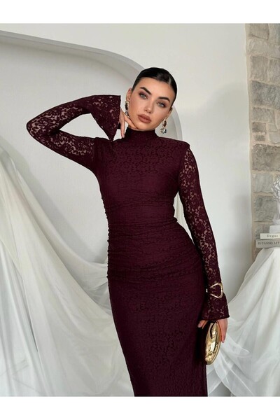 Julidress Plum Shoulder Pad Pack Mock Neck Lined Maxi Long Length Premium Lace Dress
