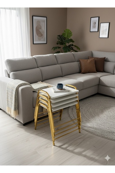 usta mekan Usta 4 lü Tepsi Zigon Sehpa Gold - Beyaz