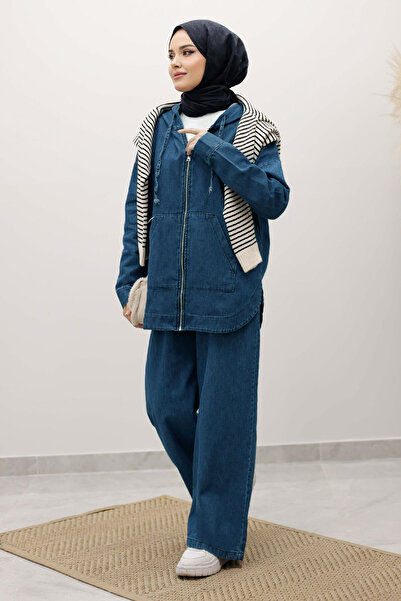 Tesettür Dünyası Zippered Hooded Denim Suit Tsd250250 Light Blue