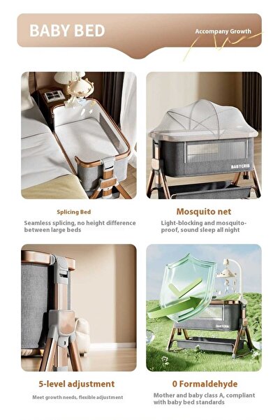 LULLS Next2Me Foldable Rocking Baby Cot with Adjustable Height, Reclining Position, Wheels, Bottom Storage Box and Mosquito Net