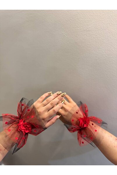 reklammerkezi Tül Çift Gelin/ Nedime Bileklik Yarım Kırmızı Eldiven
