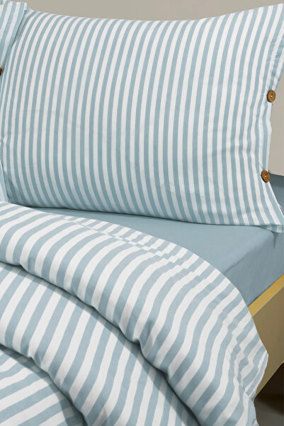 Magnolia طقم غطاء لحاف مفرد مخطط بوهيمي - بأزرار خشبية، مع ملاءة مرنة، مصنوع من القطن