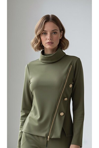 Elbikom İnce Dokulu Mevsimlik Asimetrik fermuar detaylı bluz premium kumaş