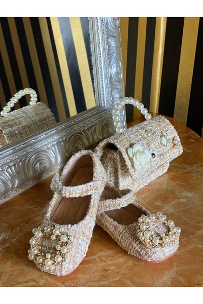 kiddos.ro Pink tweed shoes with pearls for girls, Grace pink