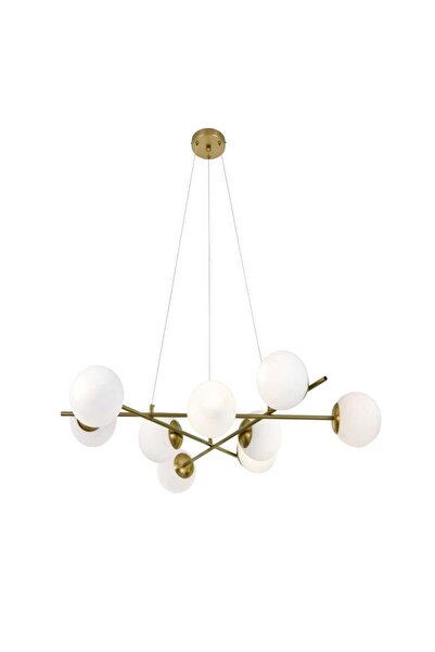 luminastar Modern chandelier, 9 white glass globes, gold body, E27, 68×68 cm