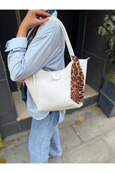 PurpleART Women's White Scarf Medium Size Shoulder Bag with Gift 22X30Cm