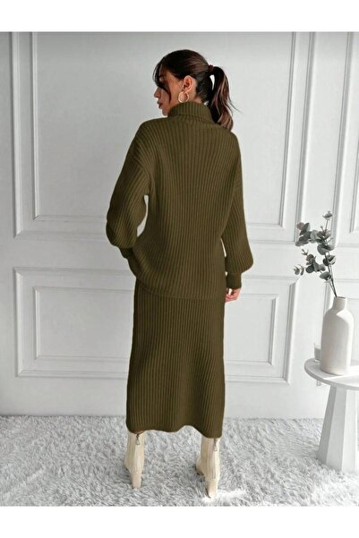 Cockatoo Women's Knitwear Set Turtleneck Sweater + Slit Skirts / Winter Knit Two-Piece Set