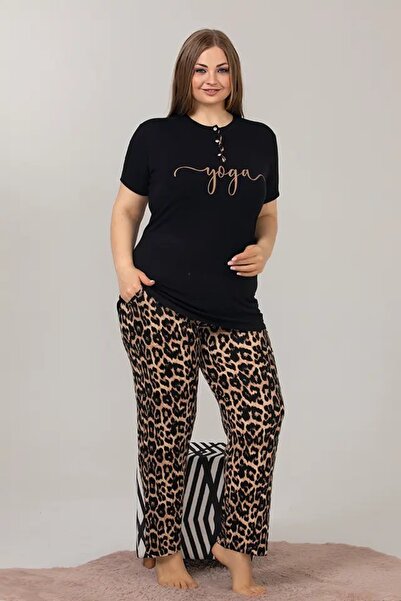 lidofya Leopard Buttoned Collar Short Sleeve Plus Size Pajama Set
