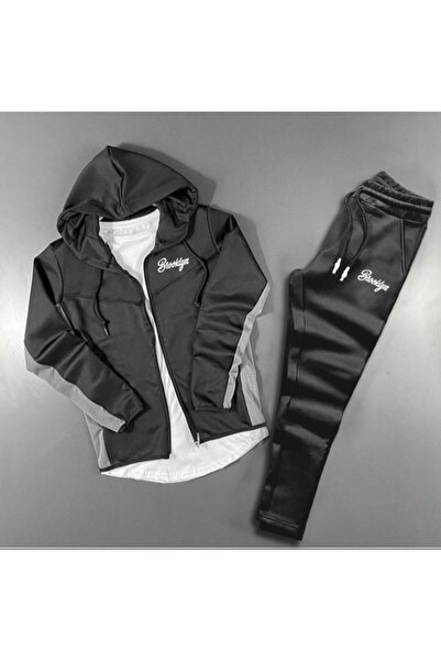 NOFLEN Brooklyn Elyazı Printed Scuba Zippered Black Tracksuit Set